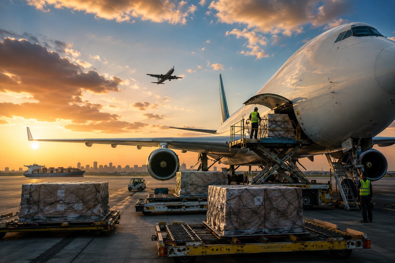 Cargo pallets being loaded onto a freight aircraft at sunset