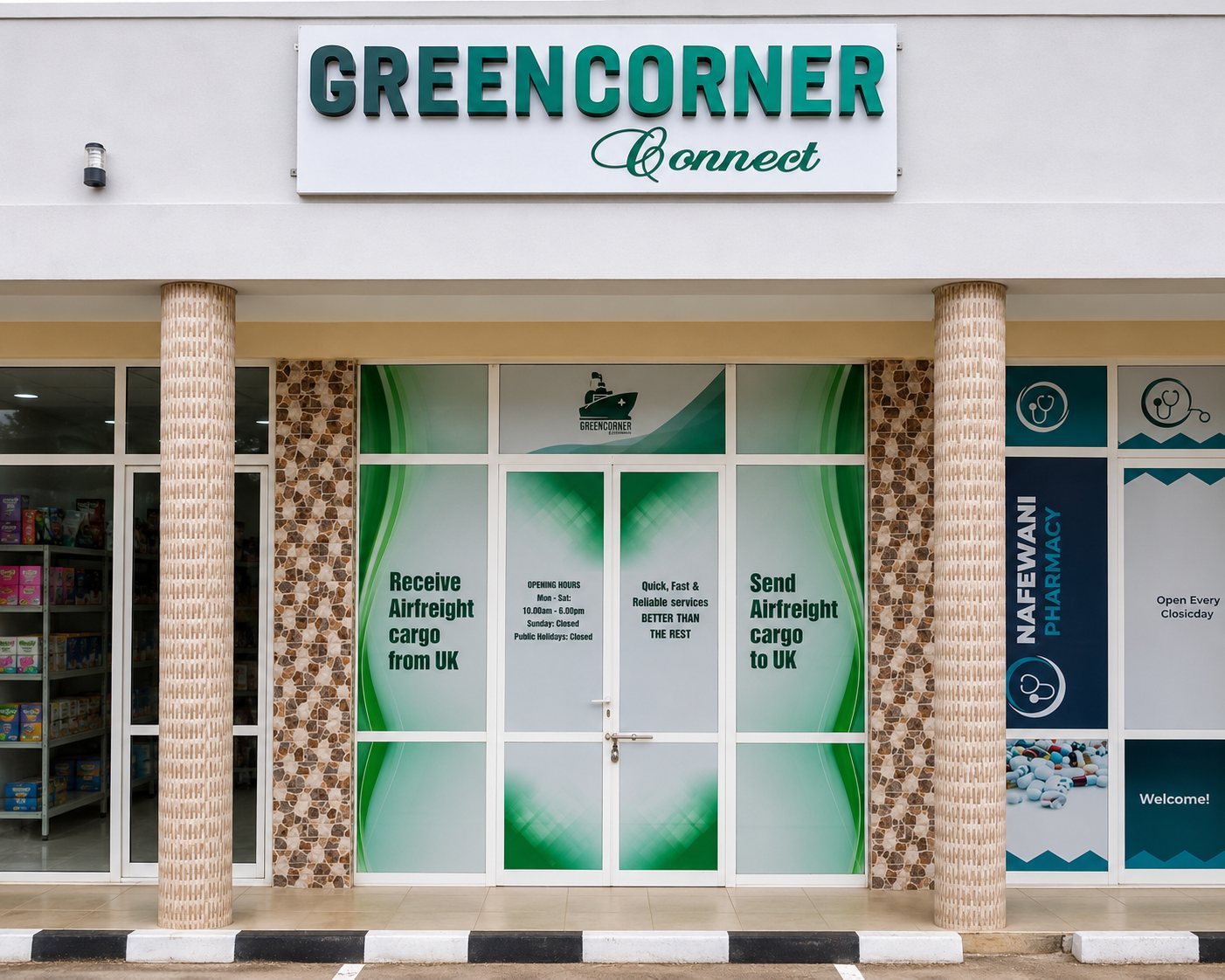 The Green Corner Connect storefront, where clients send and receive airfreight cargo
